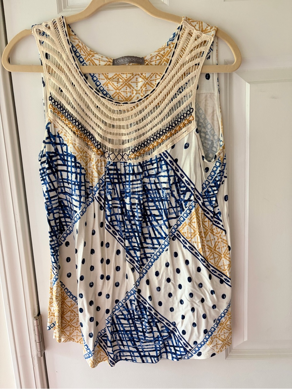 Loveappella Cream Tank with Blue & Mustard Geometric Print
